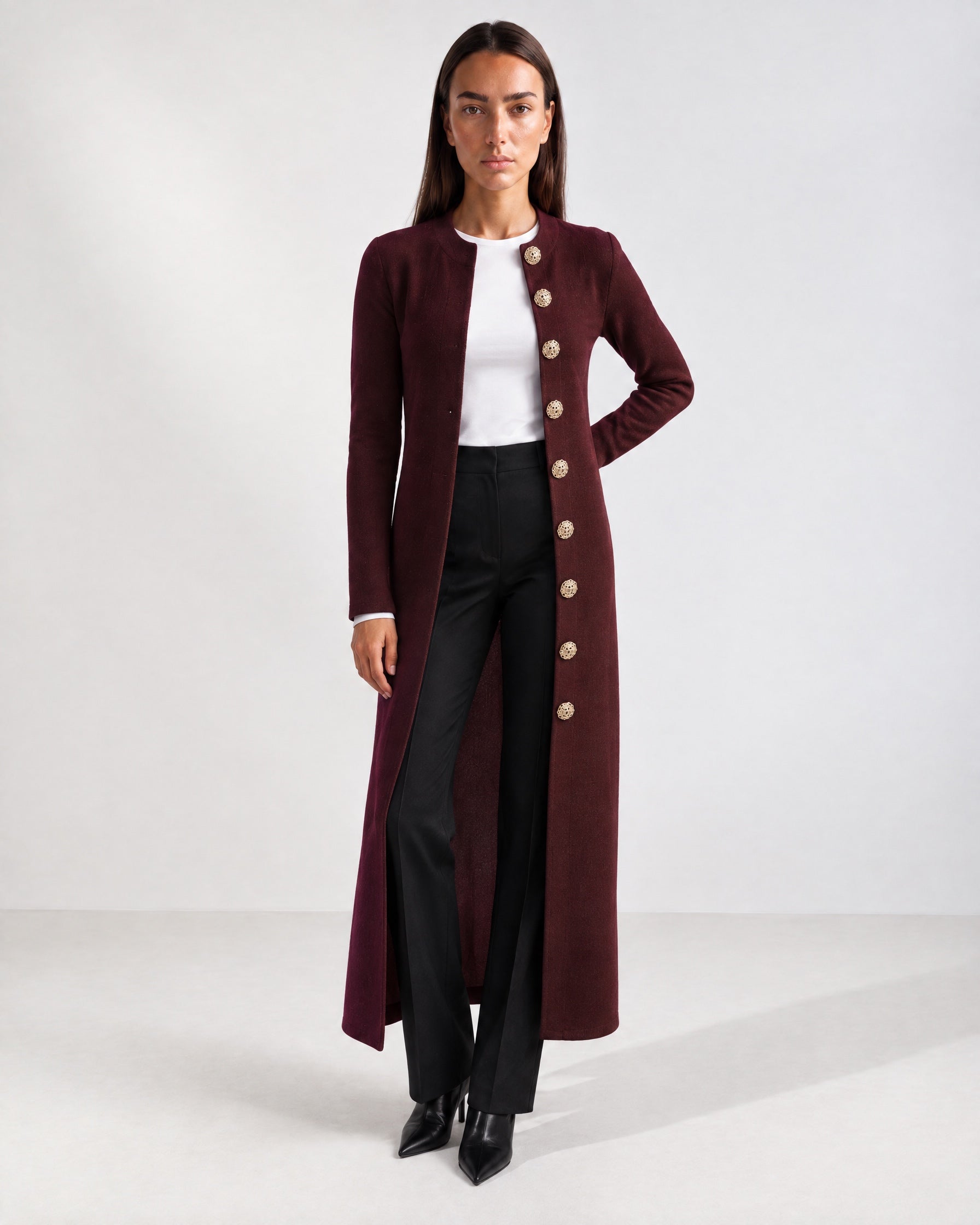 Burgundy Long Cardigan Womens Maxi Knitted Coatigan with Gold Buttons and Soft Knit