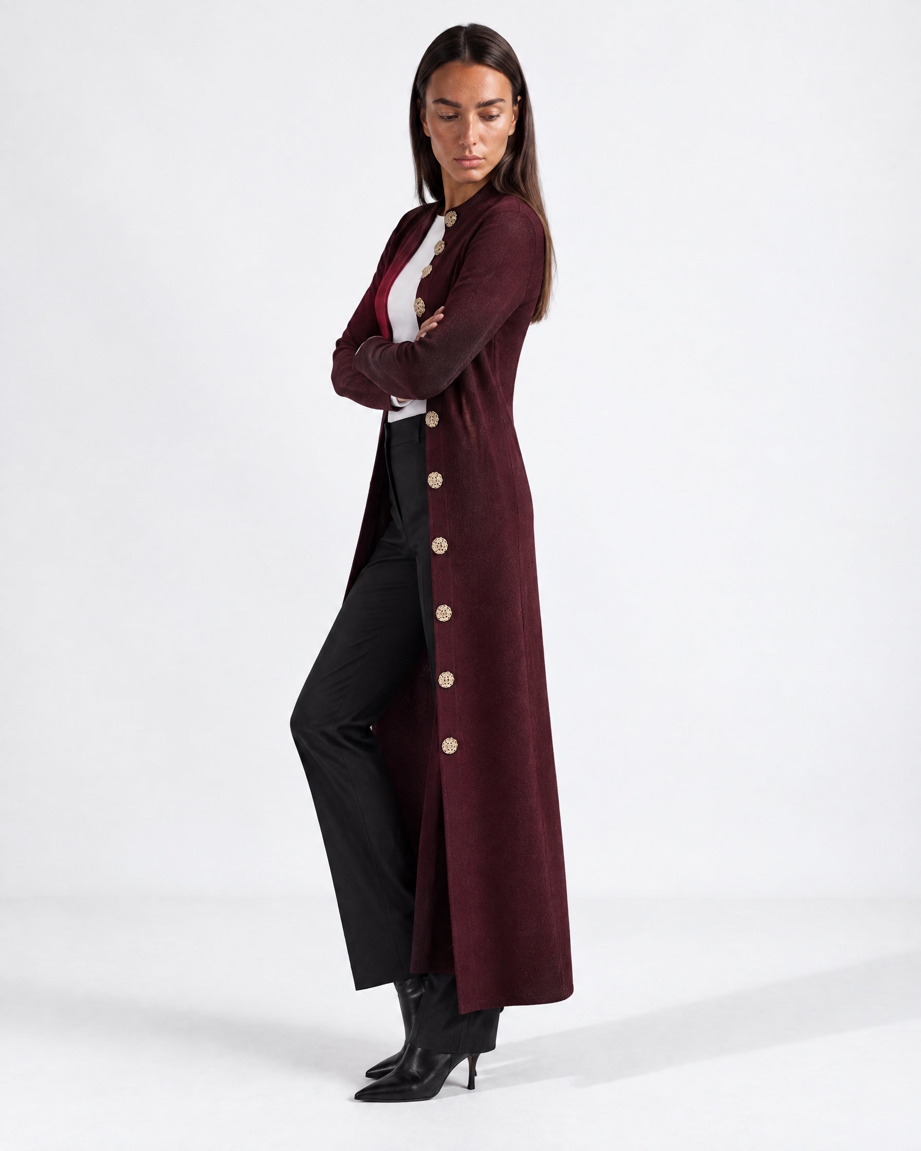 Burgundy Long Cardigan Womens Maxi Knitted Coatigan with Gold Buttons and Soft Knit