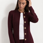 Burgundy Long Cardigan Womens Maxi Knitted Coatigan with Gold Buttons and Soft Knit