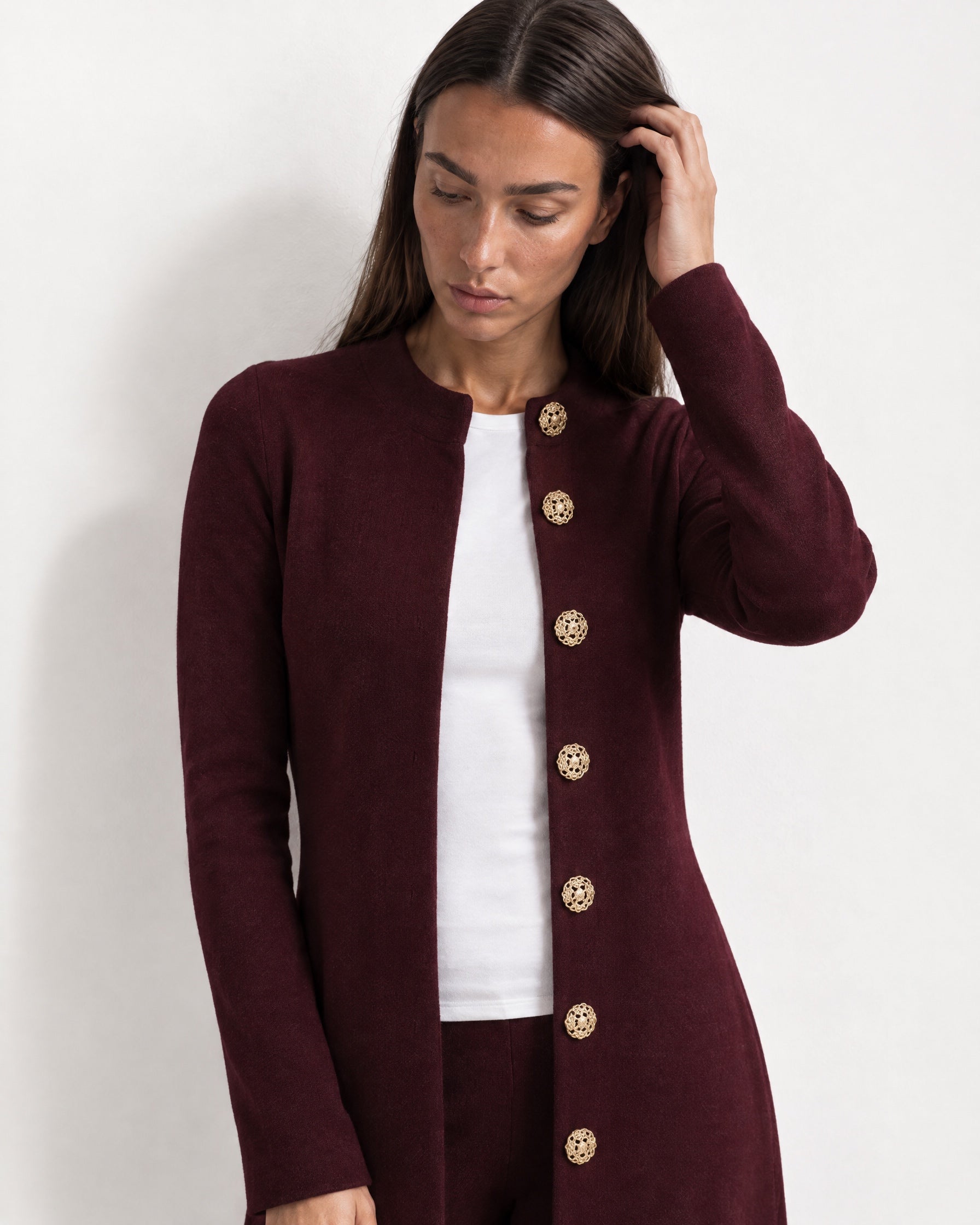 Burgundy Long Cardigan Womens Maxi Knitted Coatigan with Gold Buttons and Soft Knit