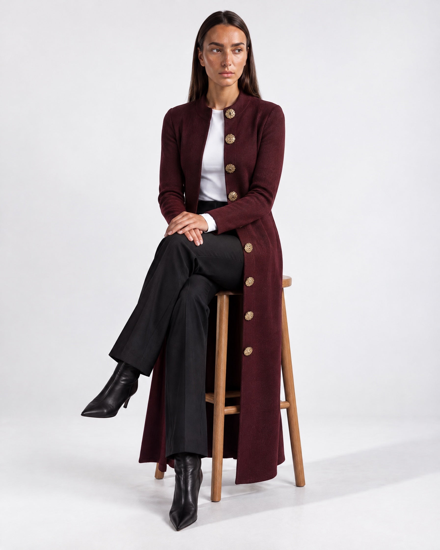 Burgundy Long Cardigan Womens Maxi Knitted Coatigan with Gold Buttons and Soft Knit