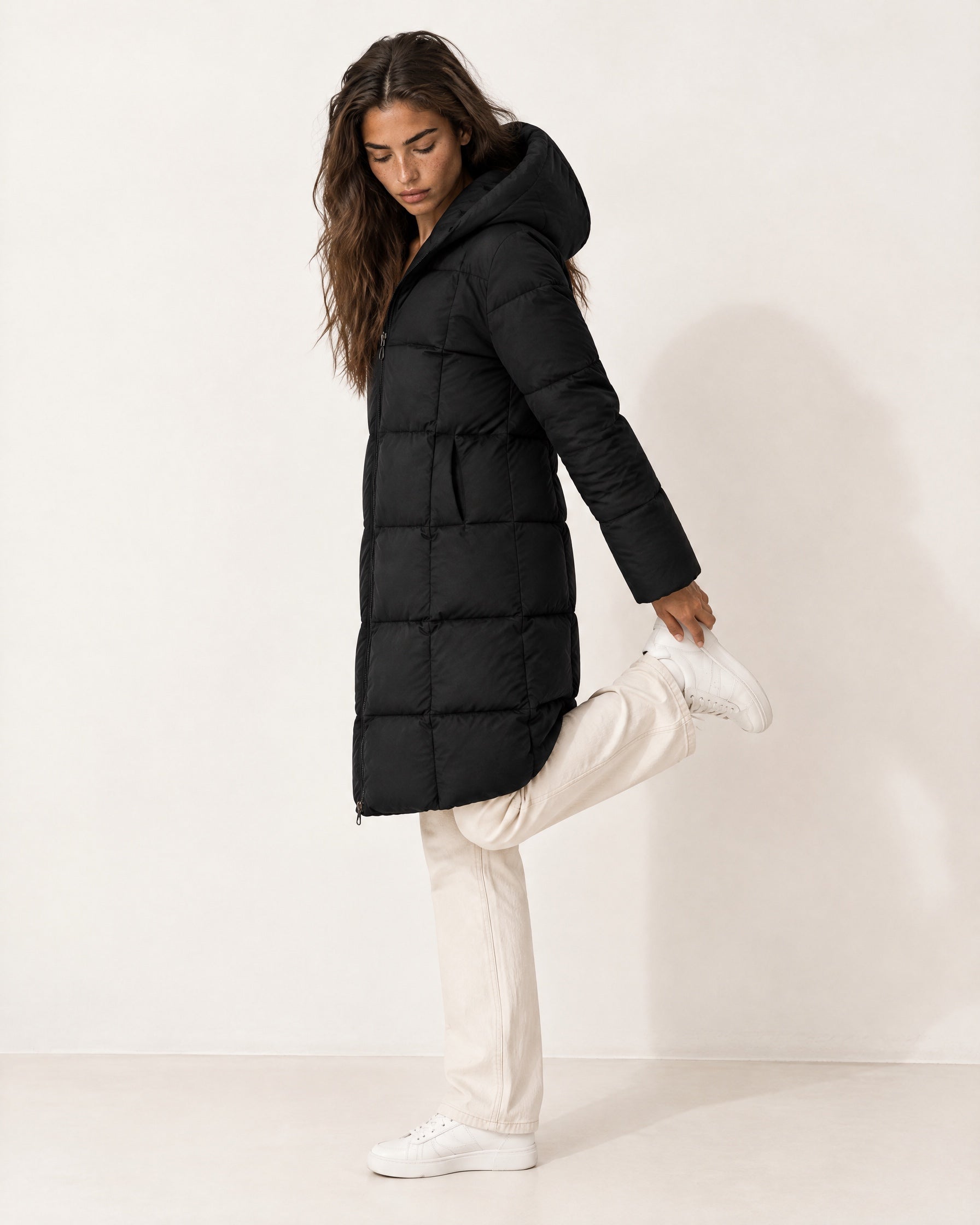 Black Quilted Puffer Coat Long Hooded