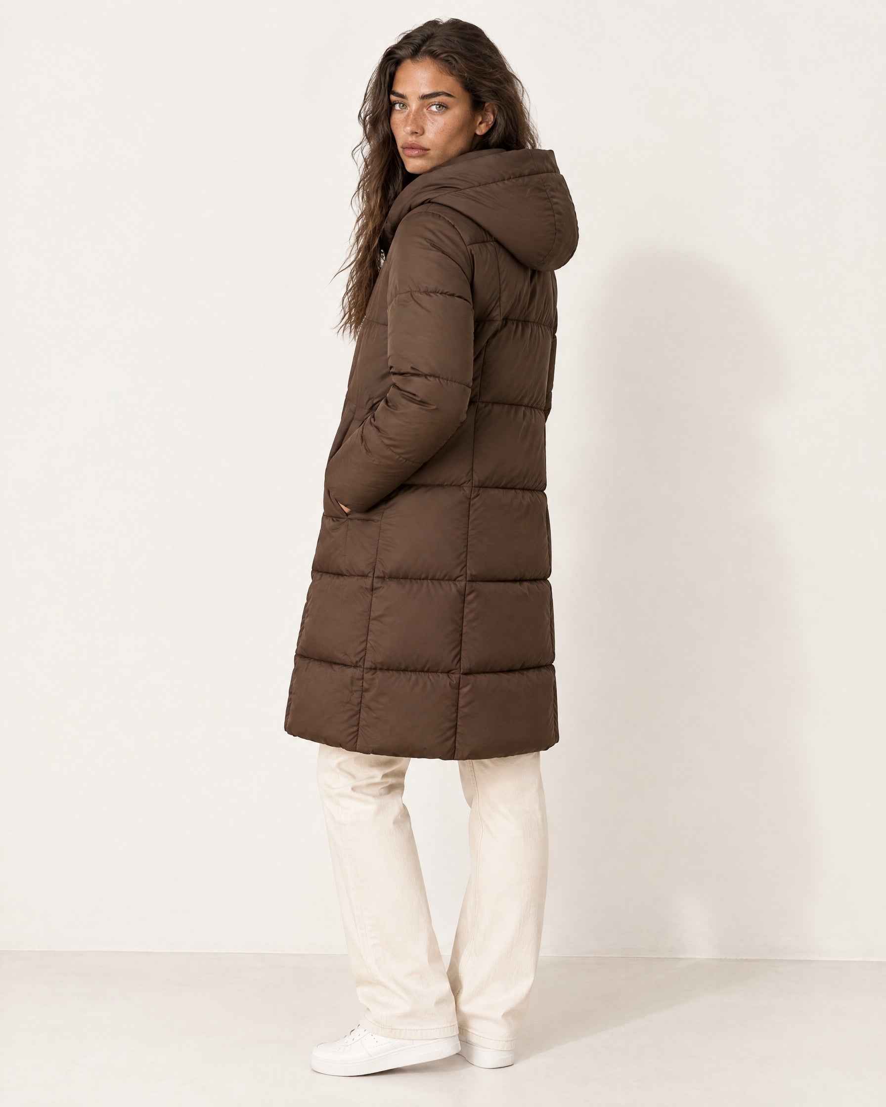 Brown Quilted Puffer Coat Long Hooded