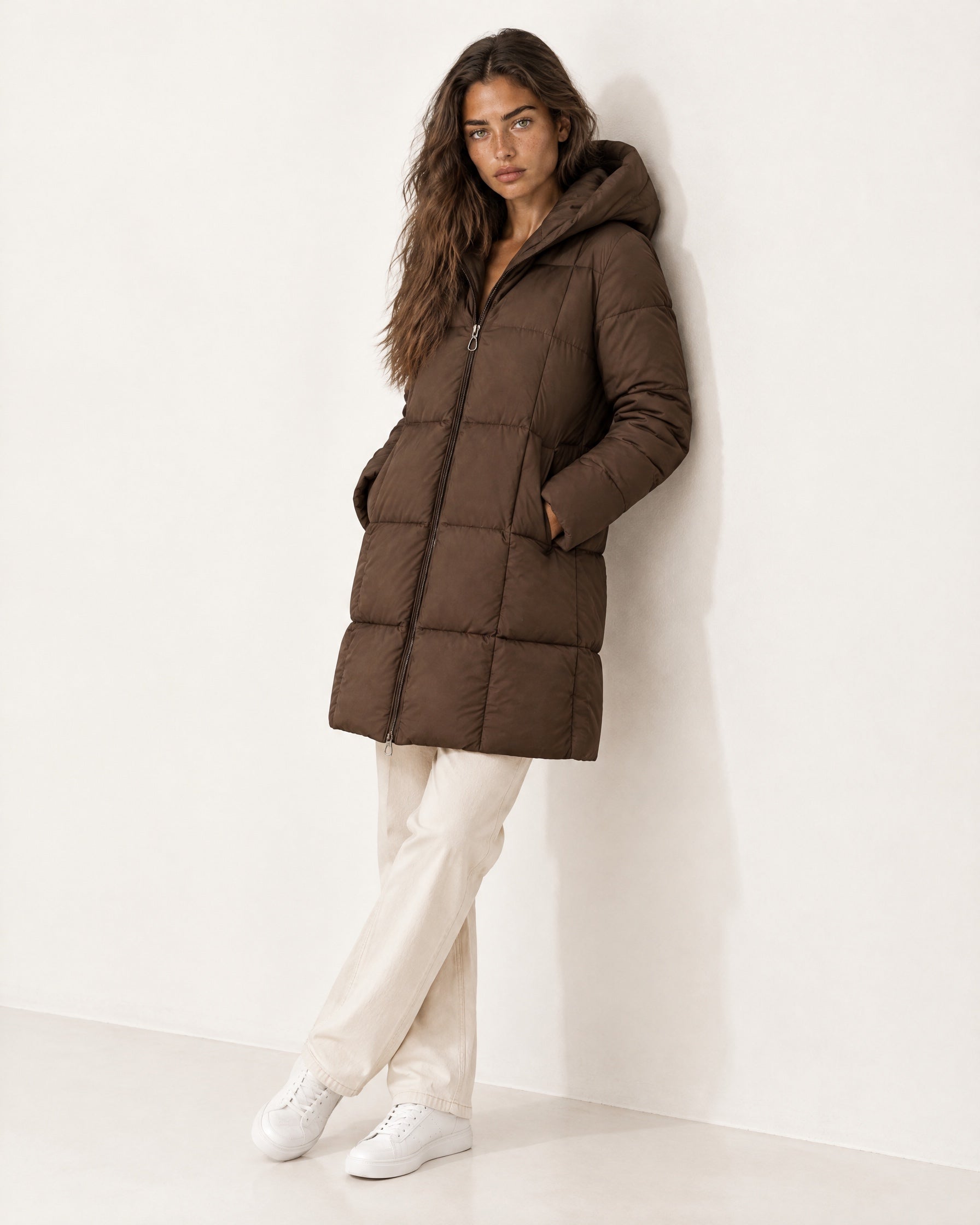 Brown Quilted Puffer Coat Long Hooded