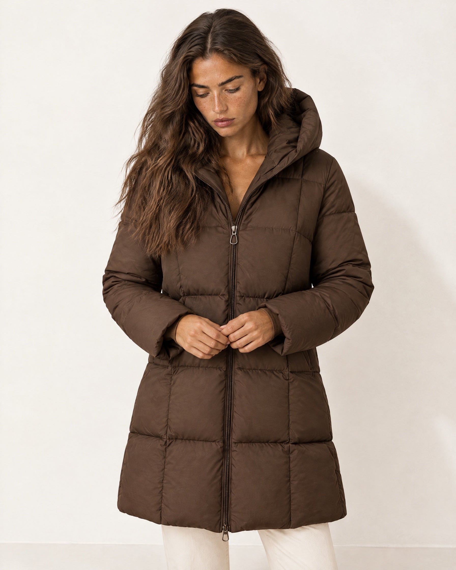Brown Quilted Puffer Coat Long Hooded