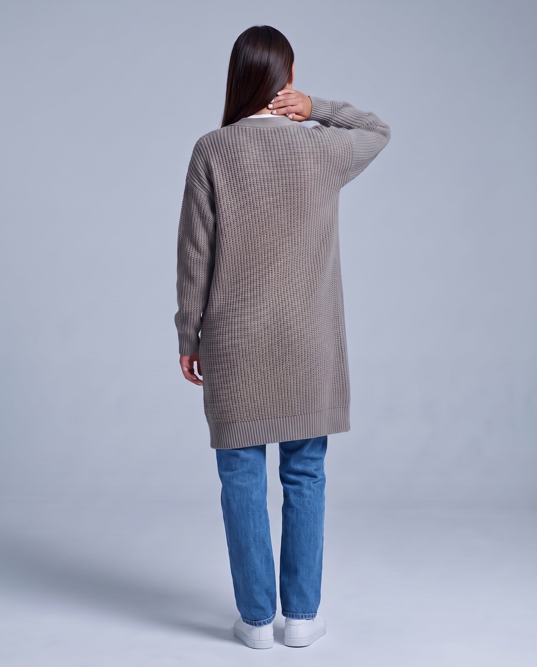 Gray Long Cardigan Knitted Longline Button Front Cardigan Relaxed Fit Chunky Knit