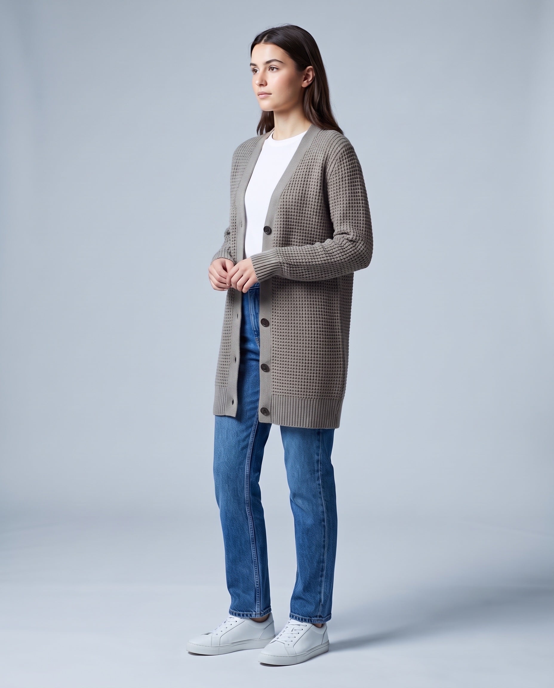 Gray Long Cardigan Knitted Longline Button Front Cardigan Relaxed Fit Chunky Knit