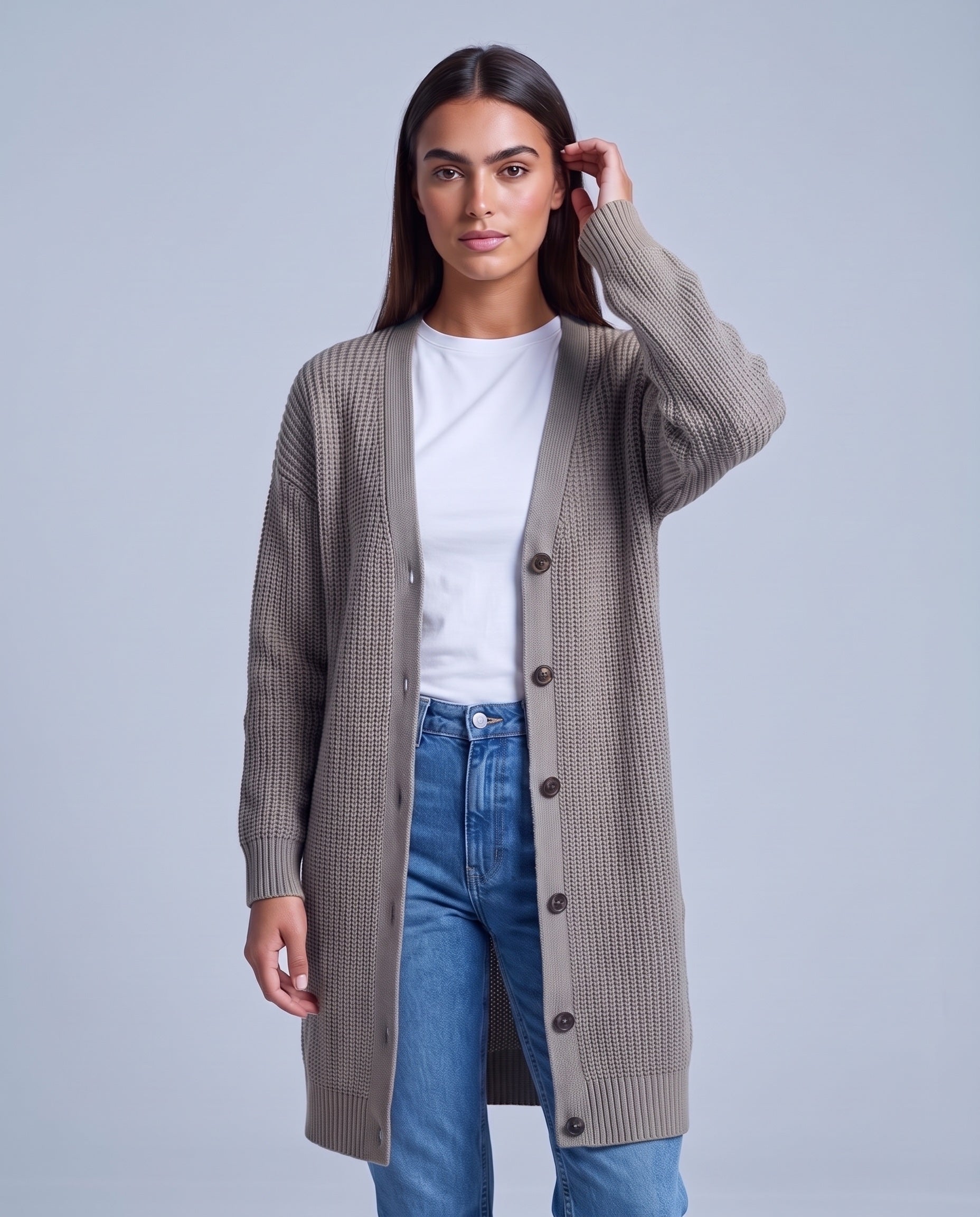 Gray Long Cardigan Knitted Longline Button Front Cardigan Relaxed Fit Chunky Knit
