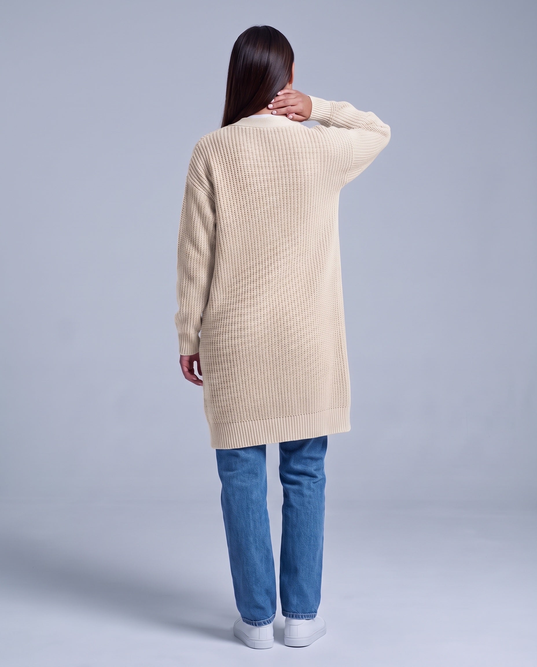Off-White Long Cardigan Knitted Longline Button Front Cardigan Relaxed Fit Chunky Knit
