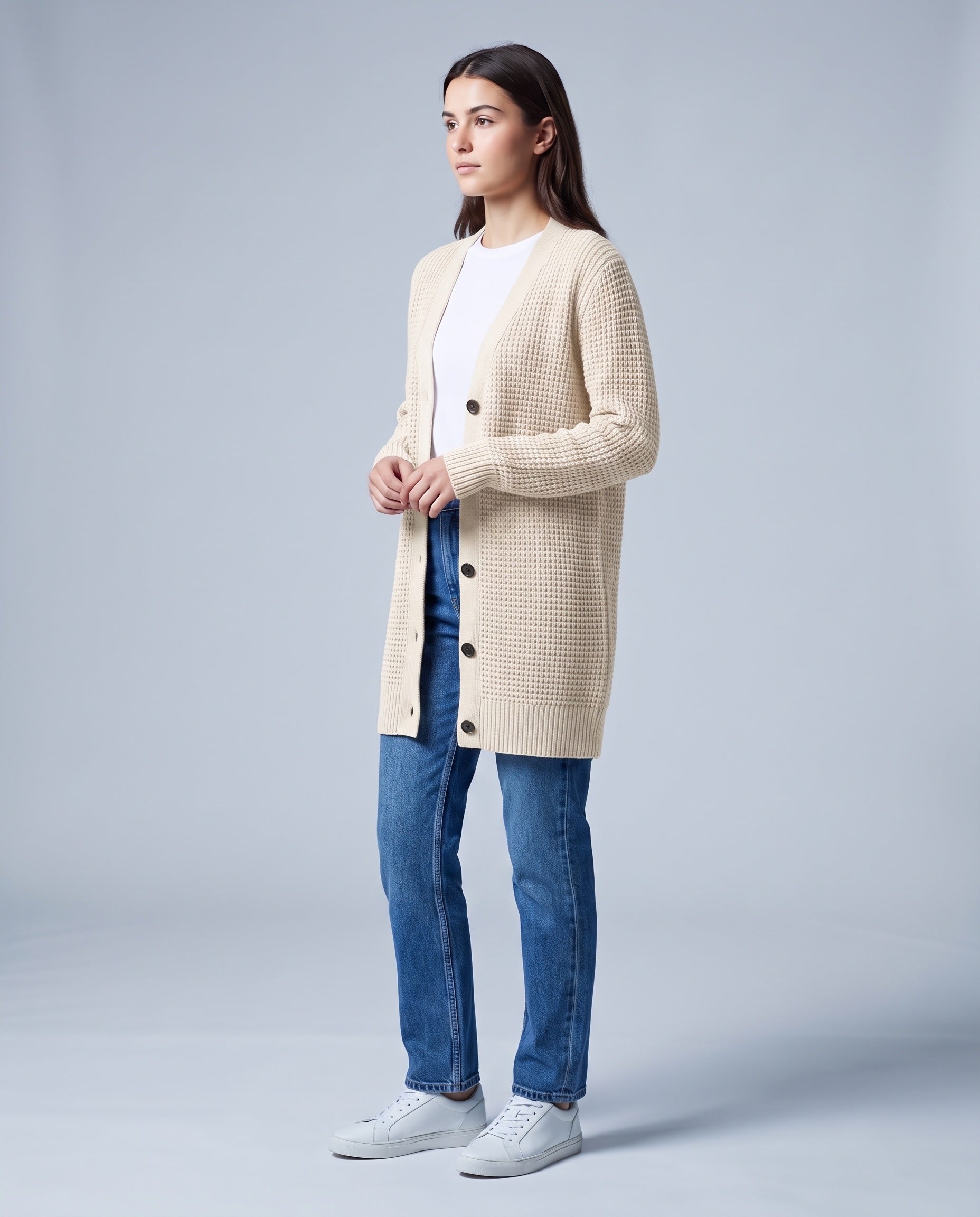 Off-White Long Cardigan Knitted Longline Button Front Cardigan Relaxed Fit Chunky Knit