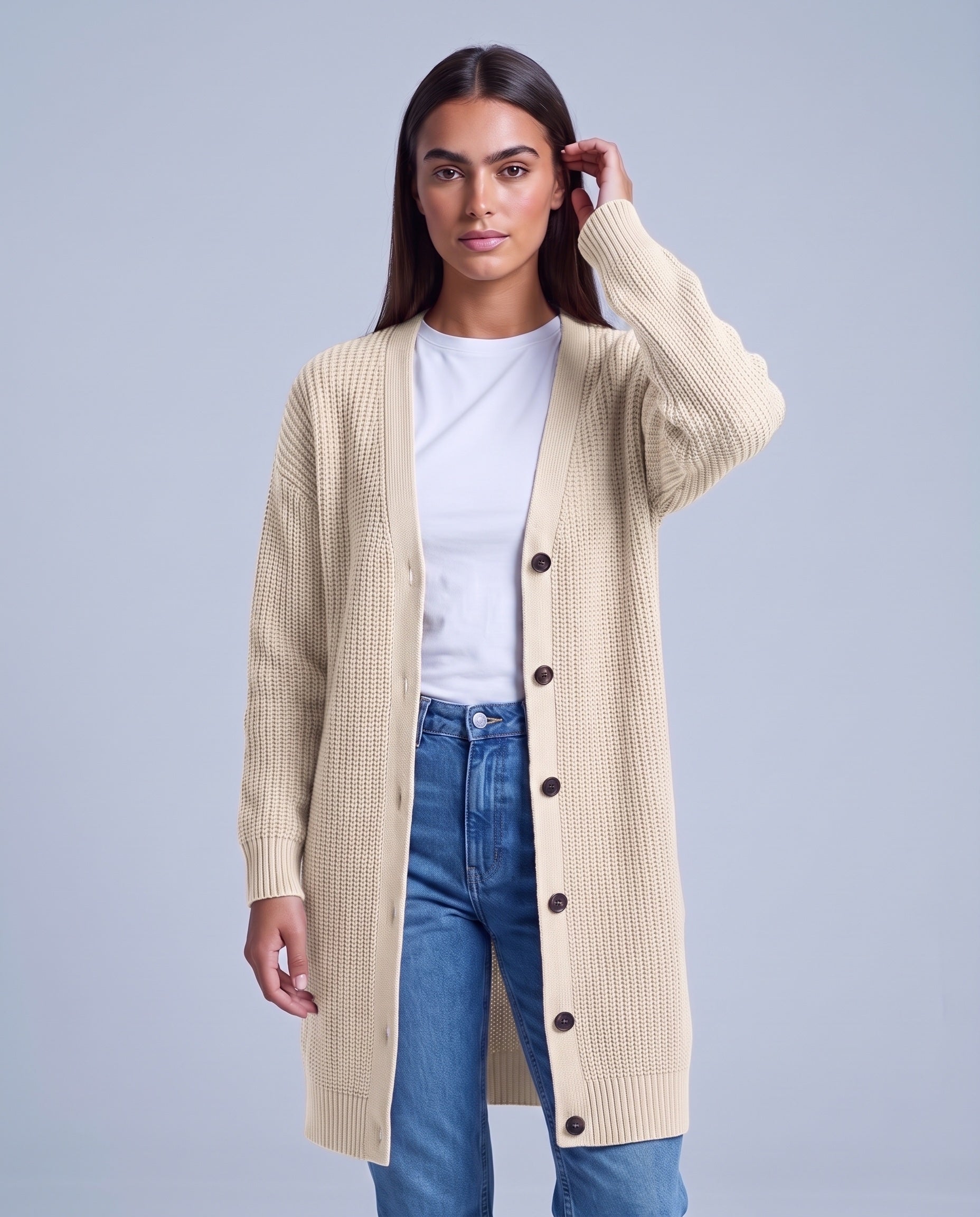 Off-White Long Cardigan Knitted Longline Button Front Cardigan Relaxed Fit Chunky Knit