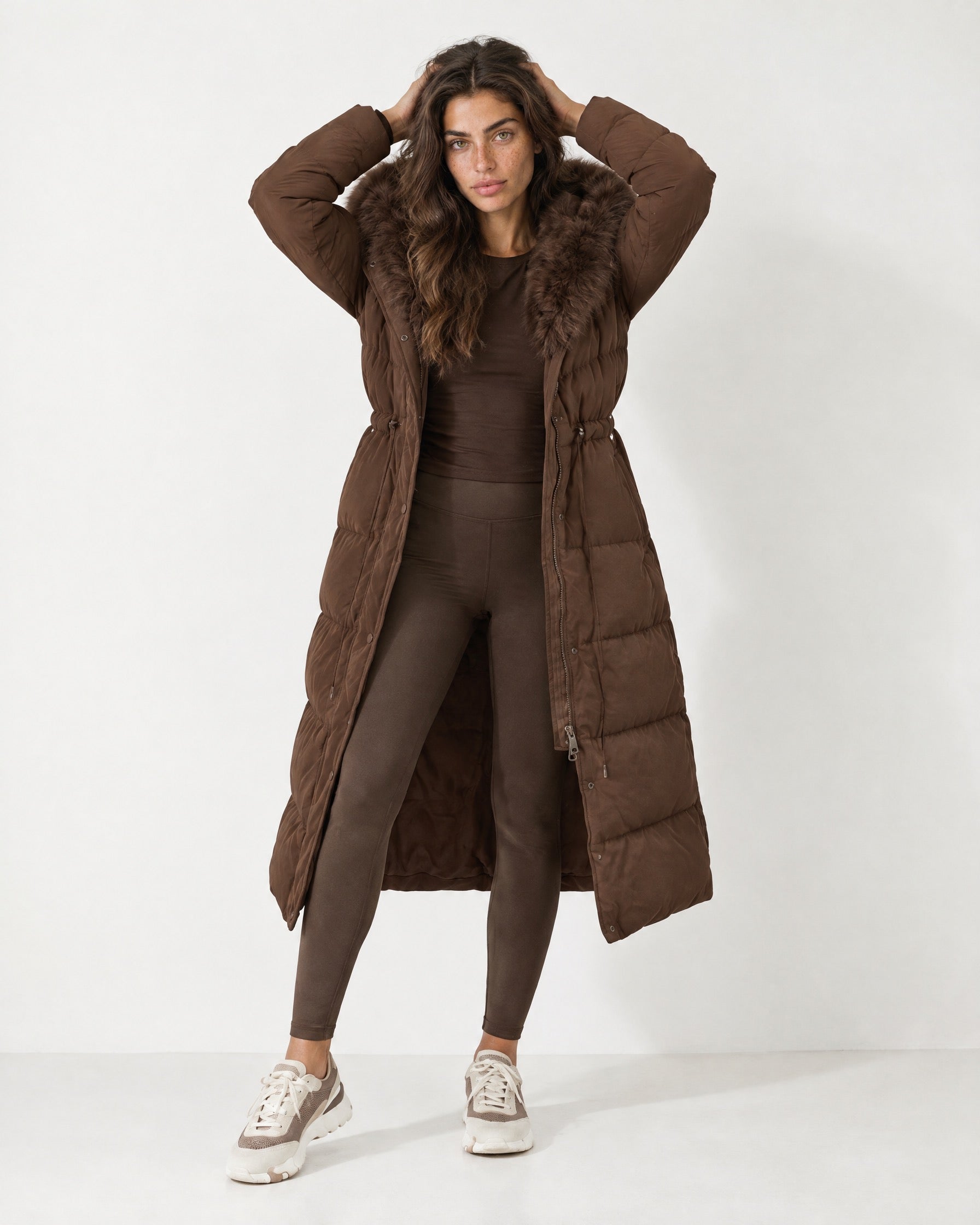 Brown Long Puffer Coat with Faux Fur Hood