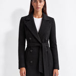 Black Longline Coat Tailored Double Breasted Coat with Notch Lapel and Belted Waist