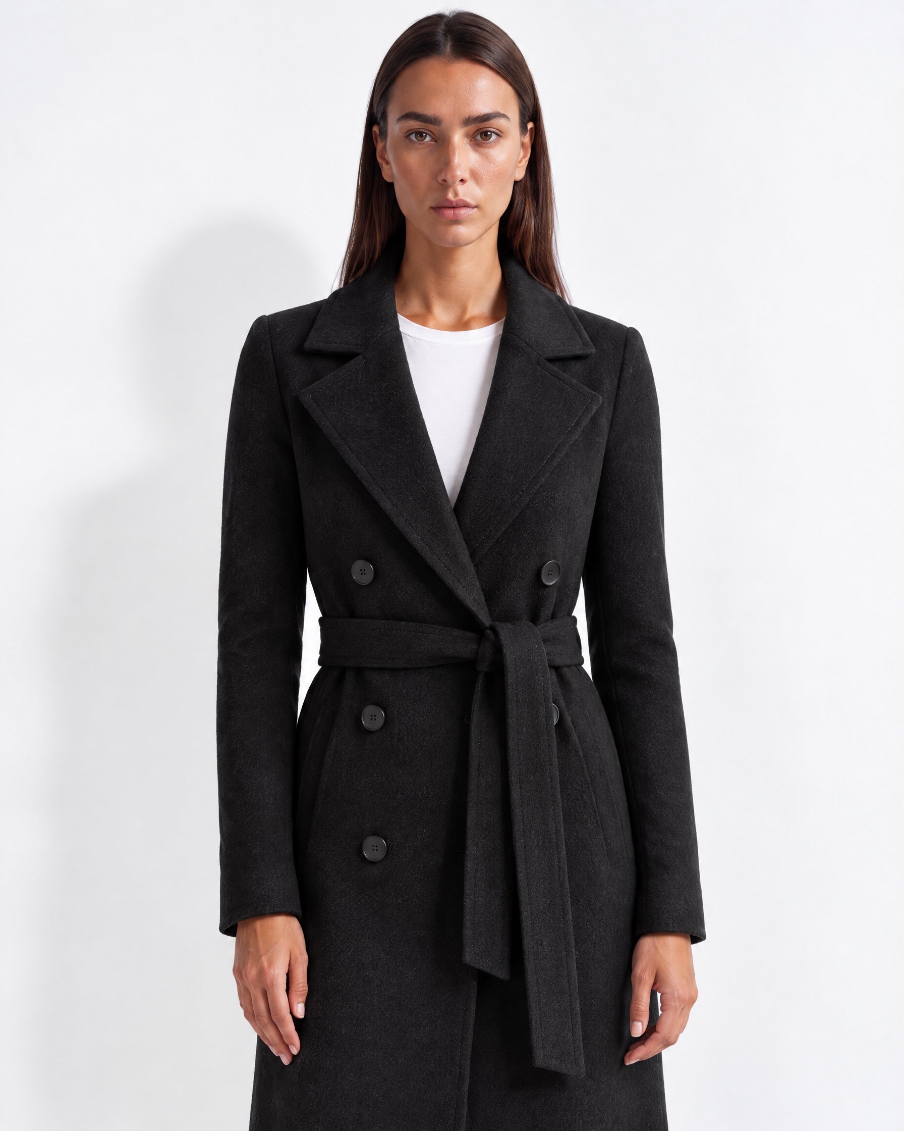 Black Longline Coat Tailored Double Breasted Coat with Notch Lapel and Belted Waist