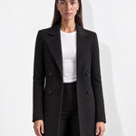 Black Longline Coat Tailored Double Breasted Coat with Notch Lapel and Belted Waist