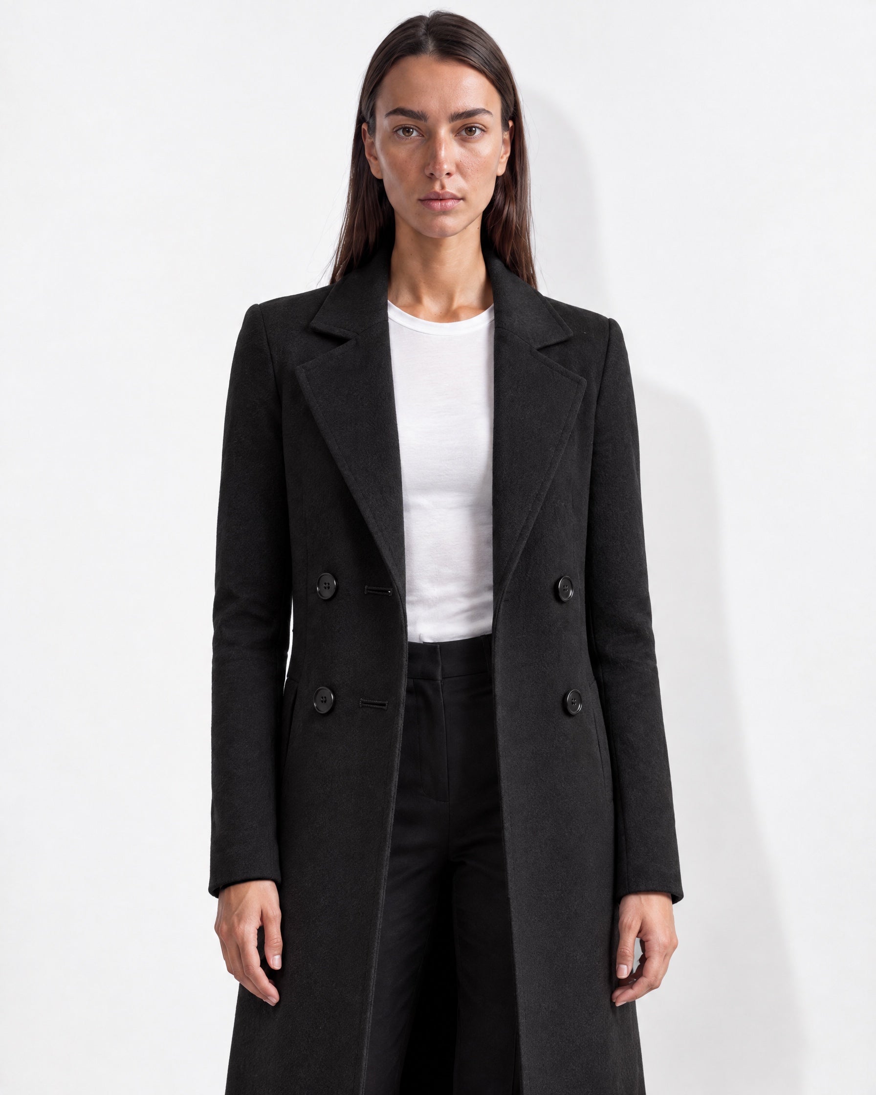 Black Longline Coat Tailored Double Breasted Coat with Notch Lapel and Belted Waist
