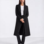 Black Longline Coat Tailored Double Breasted Coat with Notch Lapel and Belted Waist