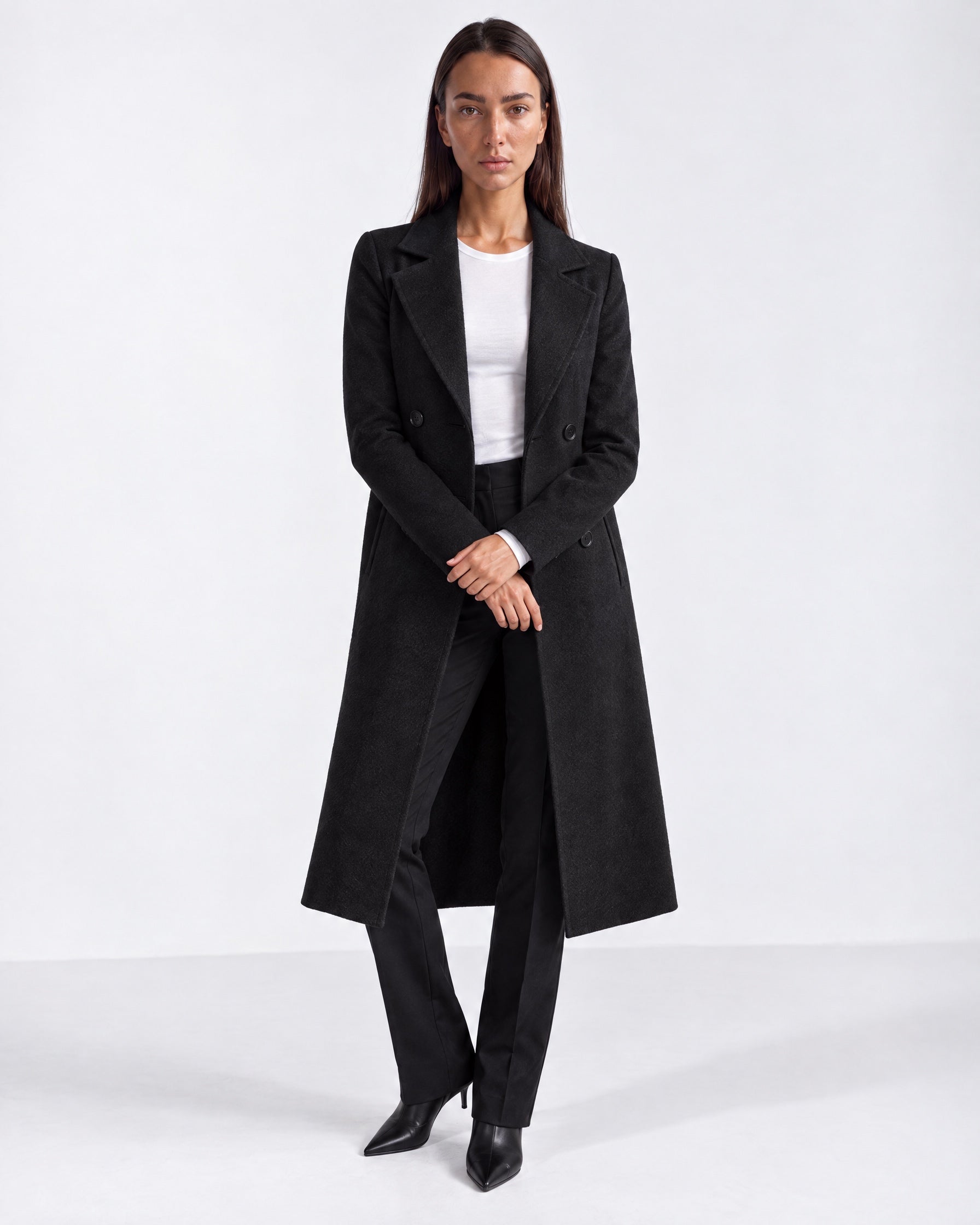 Black Longline Coat Tailored Double Breasted Coat with Notch Lapel and Belted Waist