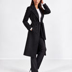 Black Longline Coat Tailored Double Breasted Coat with Notch Lapel and Belted Waist