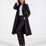 Black Longline Coat Tailored Double Breasted Coat with Notch Lapel and Belted Waist