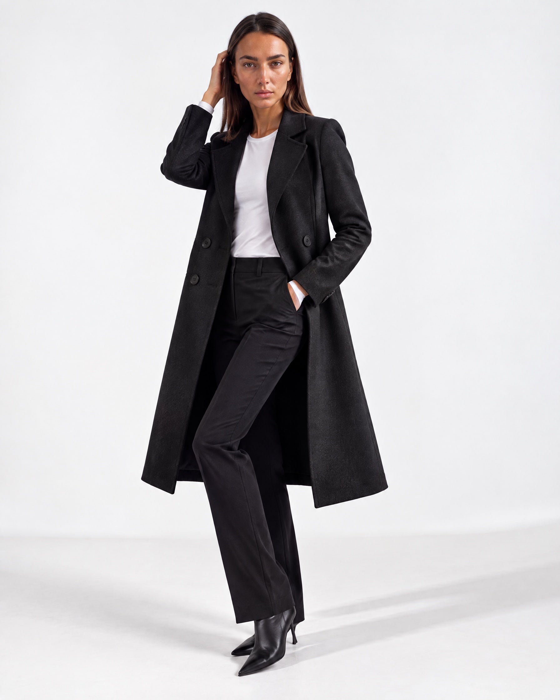 Black Longline Coat Tailored Double Breasted Coat with Notch Lapel and Belted Waist