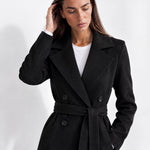 Black Longline Coat Tailored Double Breasted Coat with Notch Lapel and Belted Waist