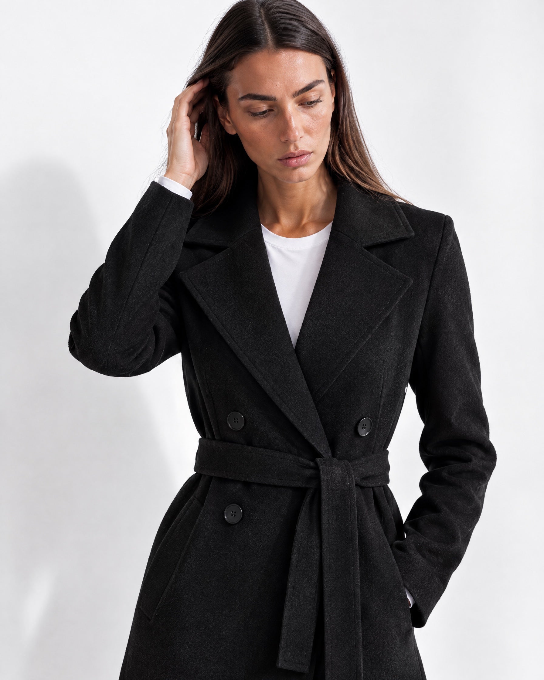 Black Longline Coat Tailored Double Breasted Coat with Notch Lapel and Belted Waist