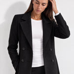 Black Longline Coat Tailored Double Breasted Coat with Notch Lapel and Belted Waist