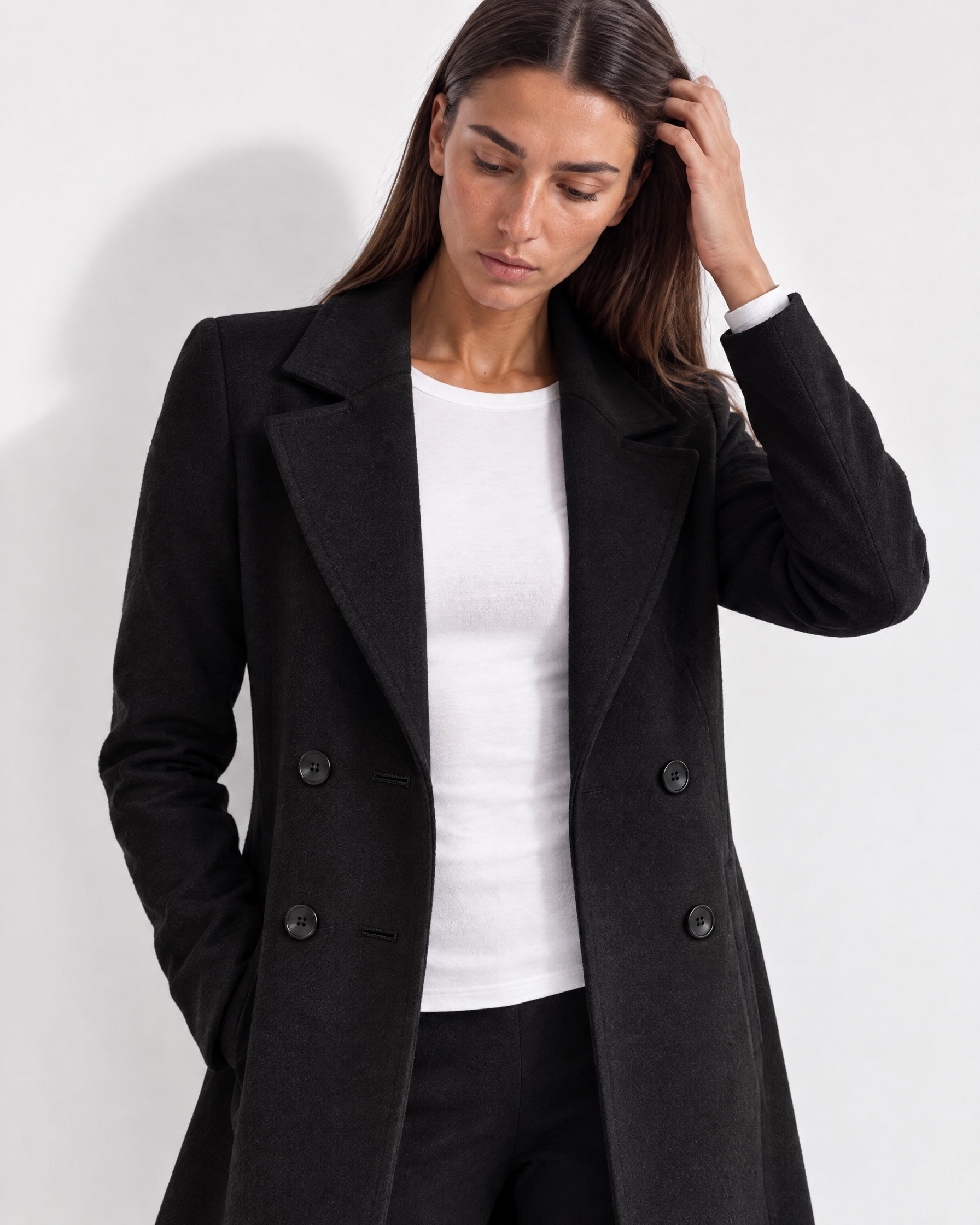 Black Longline Coat Tailored Double Breasted Coat with Notch Lapel and Belted Waist