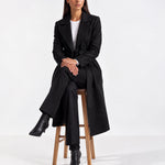 Black Longline Coat Tailored Double Breasted Coat with Notch Lapel and Belted Waist