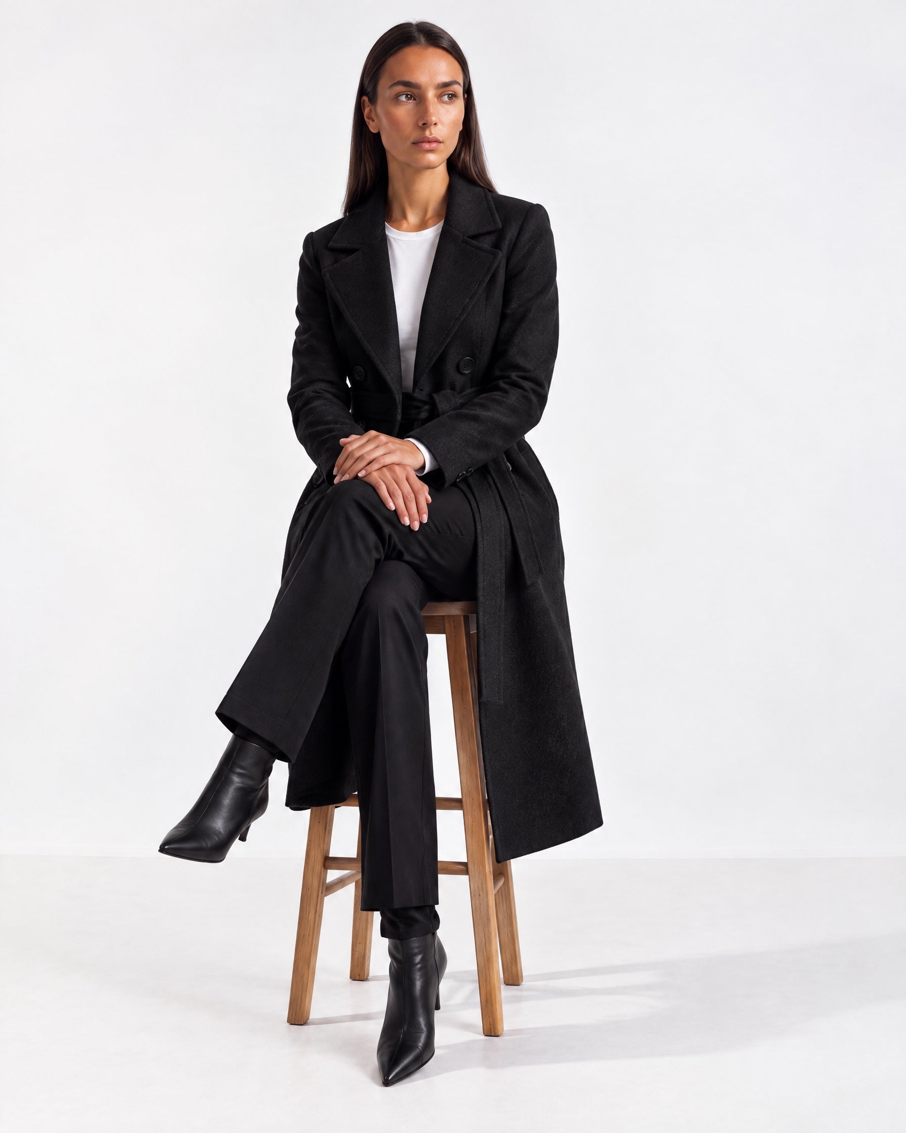 Black Longline Coat Tailored Double Breasted Coat with Notch Lapel and Belted Waist