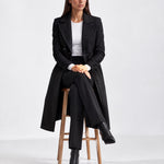 Black Longline Coat Tailored Double Breasted Coat with Notch Lapel and Belted Waist