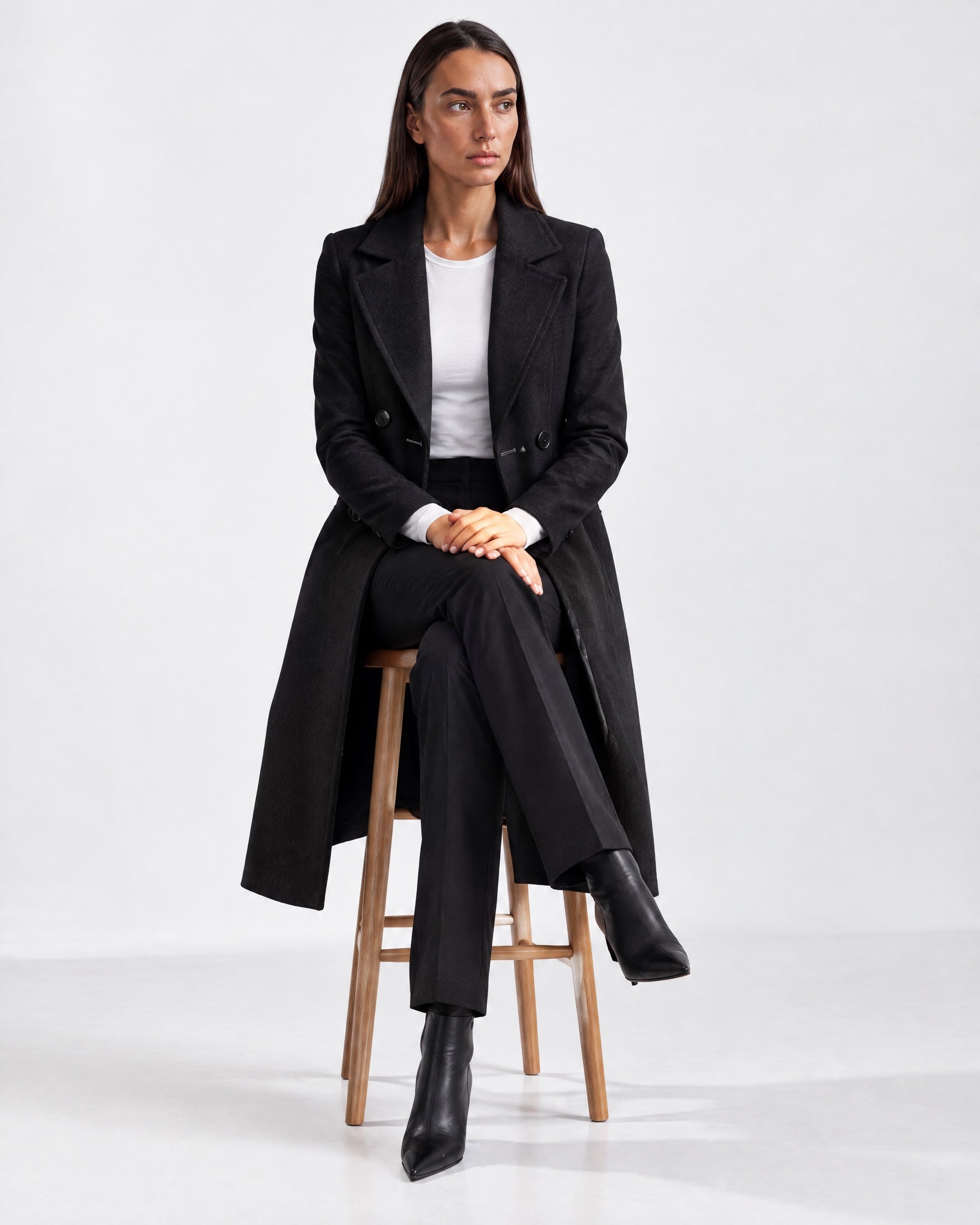 Black Longline Coat Tailored Double Breasted Coat with Notch Lapel and Belted Waist