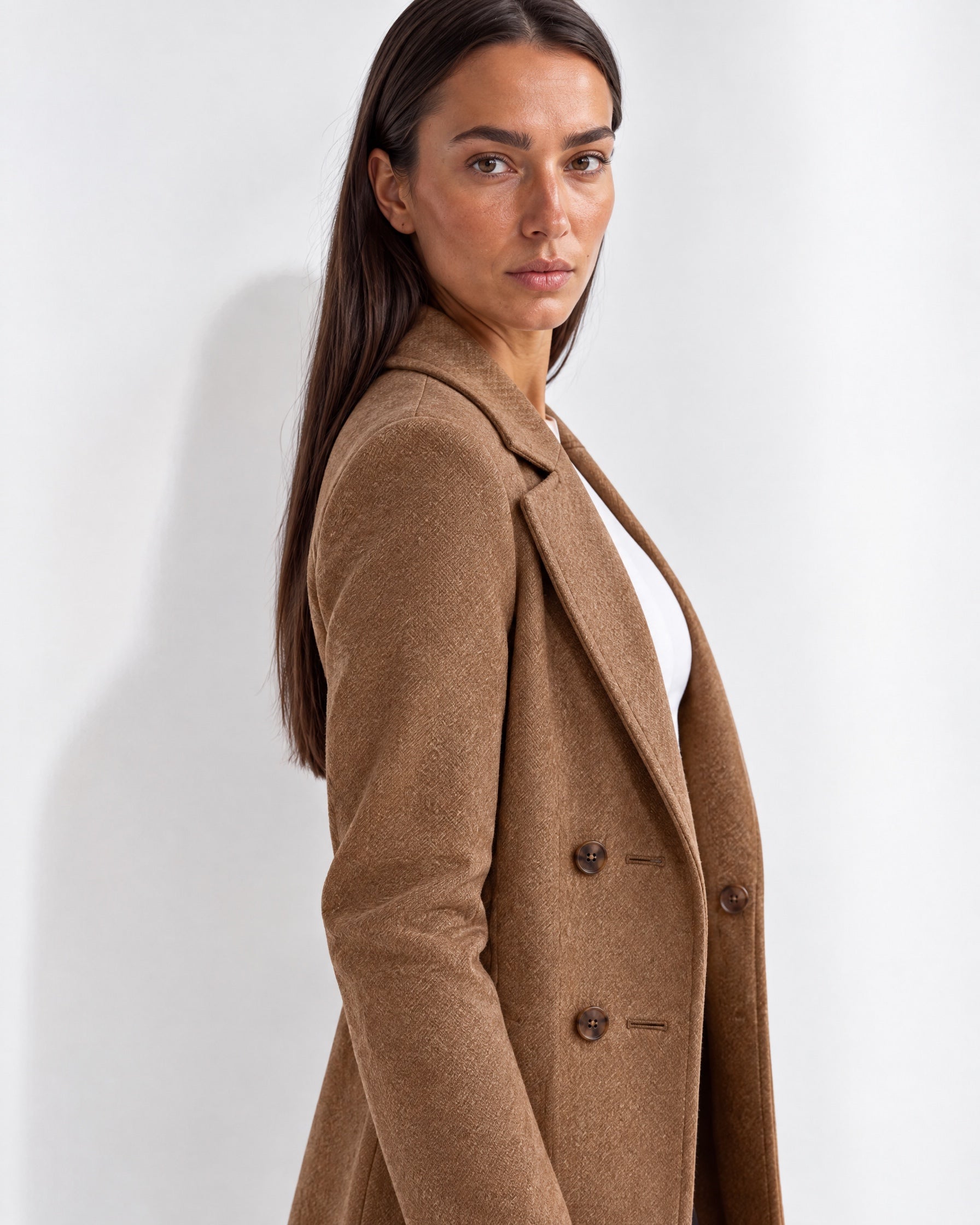 Brown Longline Coat Tailored Double Breasted Coat with Notch Lapel and Belted Waist