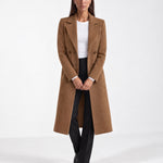 Brown Longline Coat Tailored Double Breasted Coat with Notch Lapel and Belted Waist
