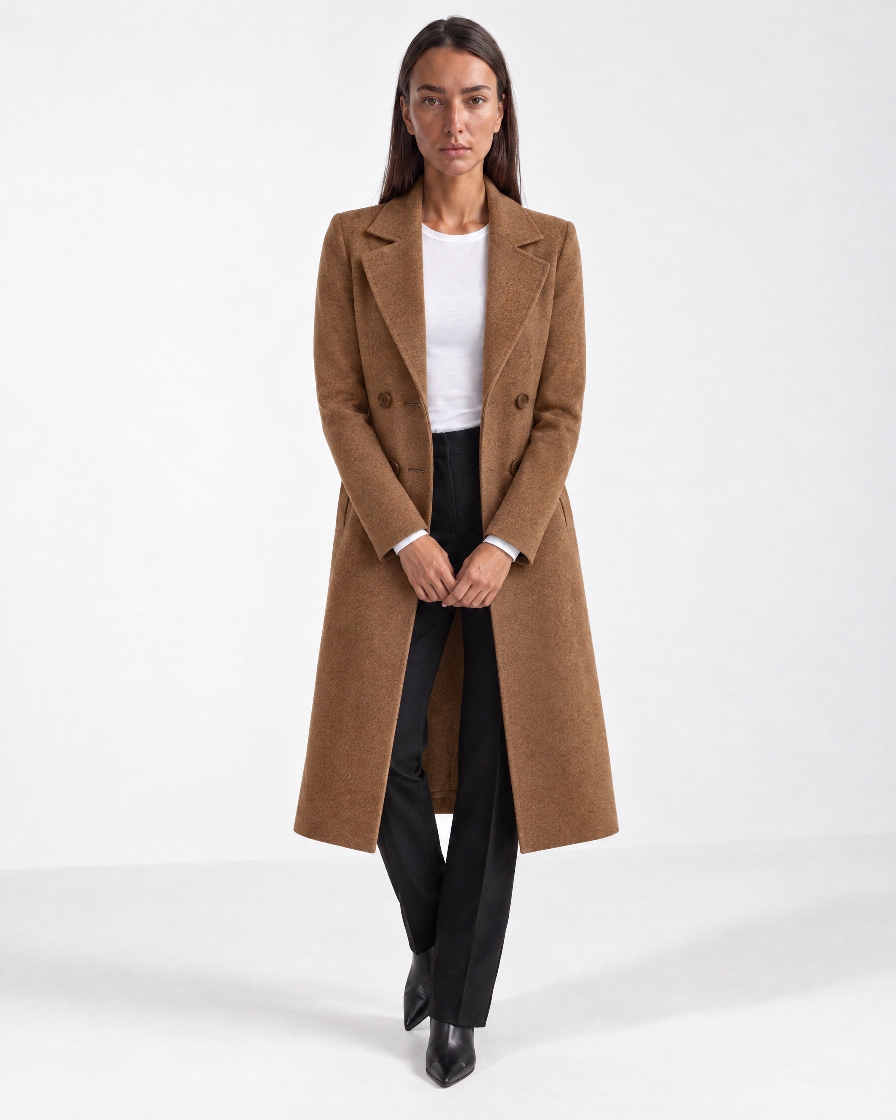 Brown Longline Coat Tailored Double Breasted Coat with Notch Lapel and Belted Waist