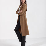 Brown Longline Coat Tailored Double Breasted Coat with Notch Lapel and Belted Waist