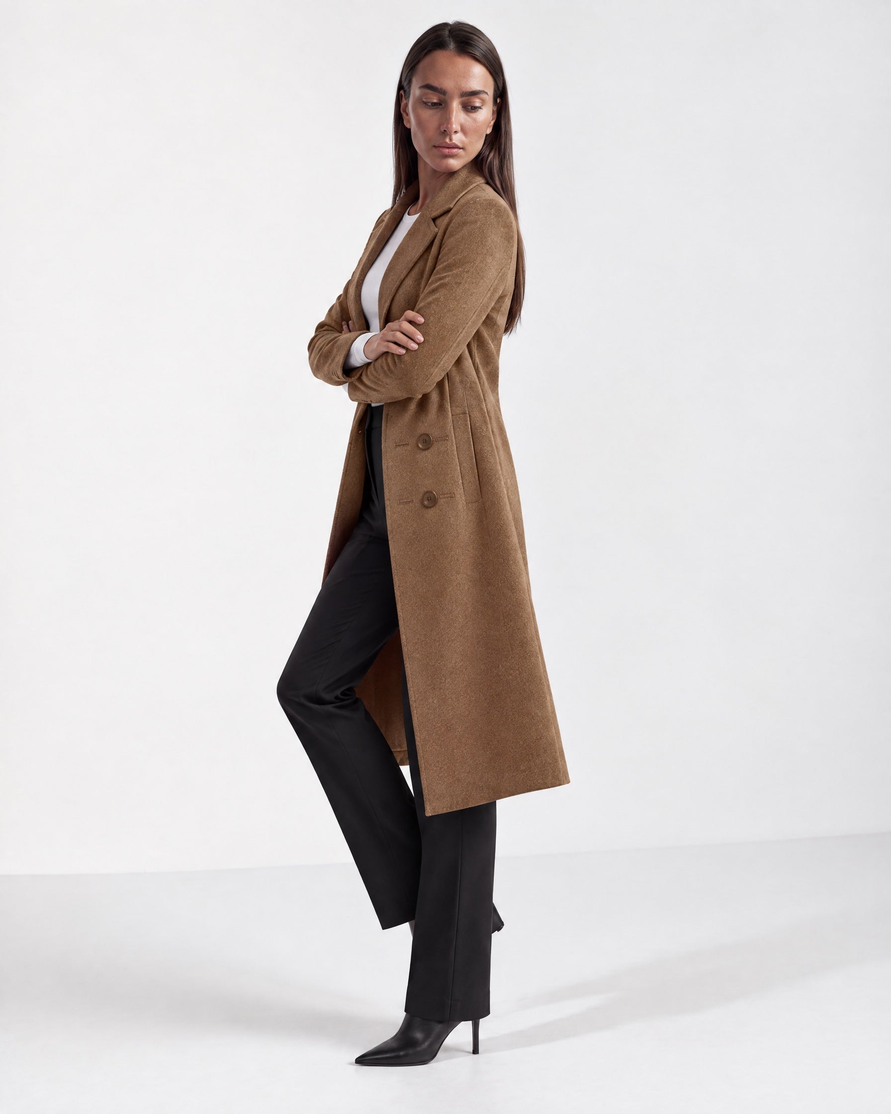 Brown Longline Coat Tailored Double Breasted Coat with Notch Lapel and Belted Waist