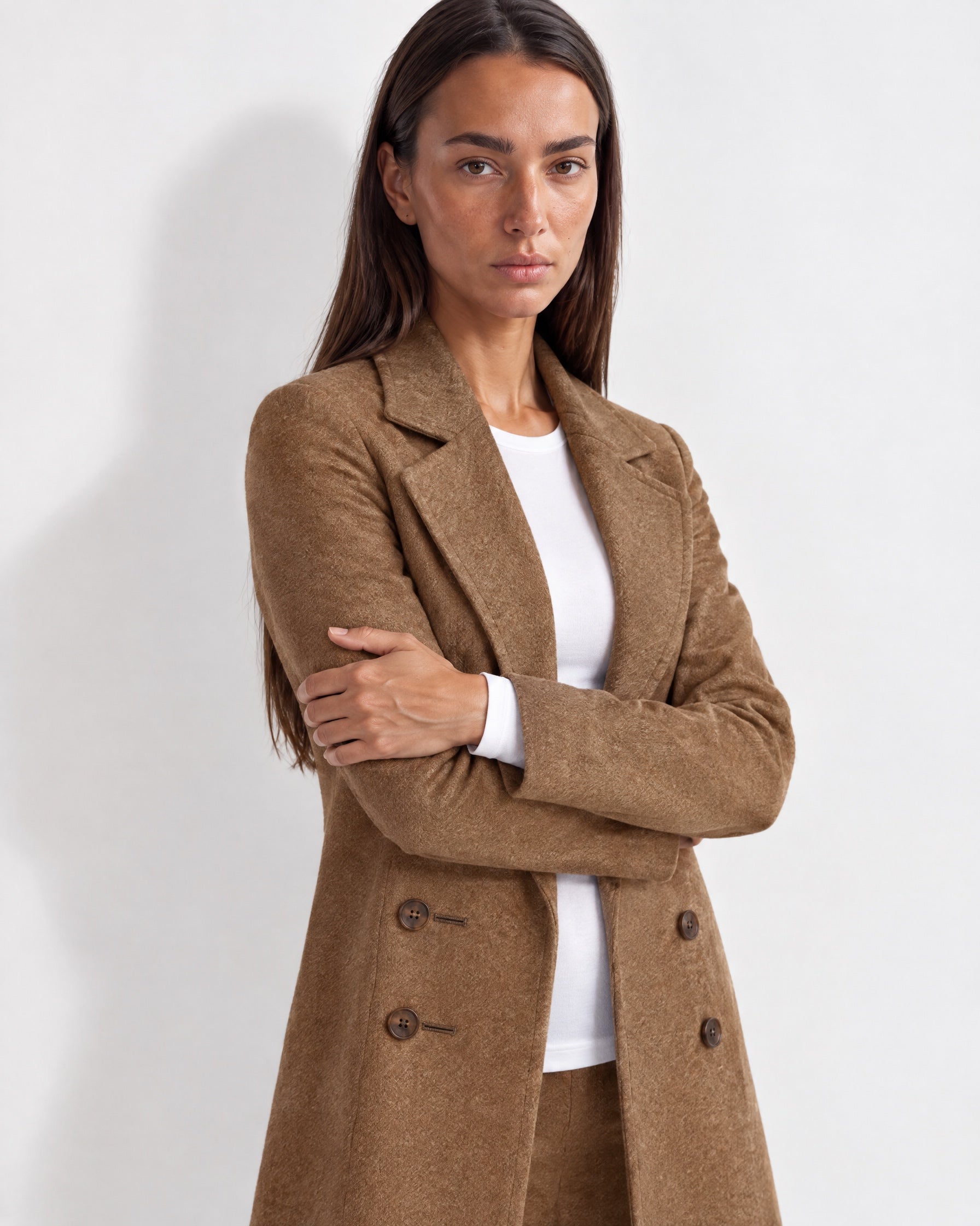 Brown Longline Coat Tailored Double Breasted Coat with Notch Lapel and Belted Waist