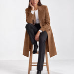 Brown Longline Coat Tailored Double Breasted Coat with Notch Lapel and Belted Waist