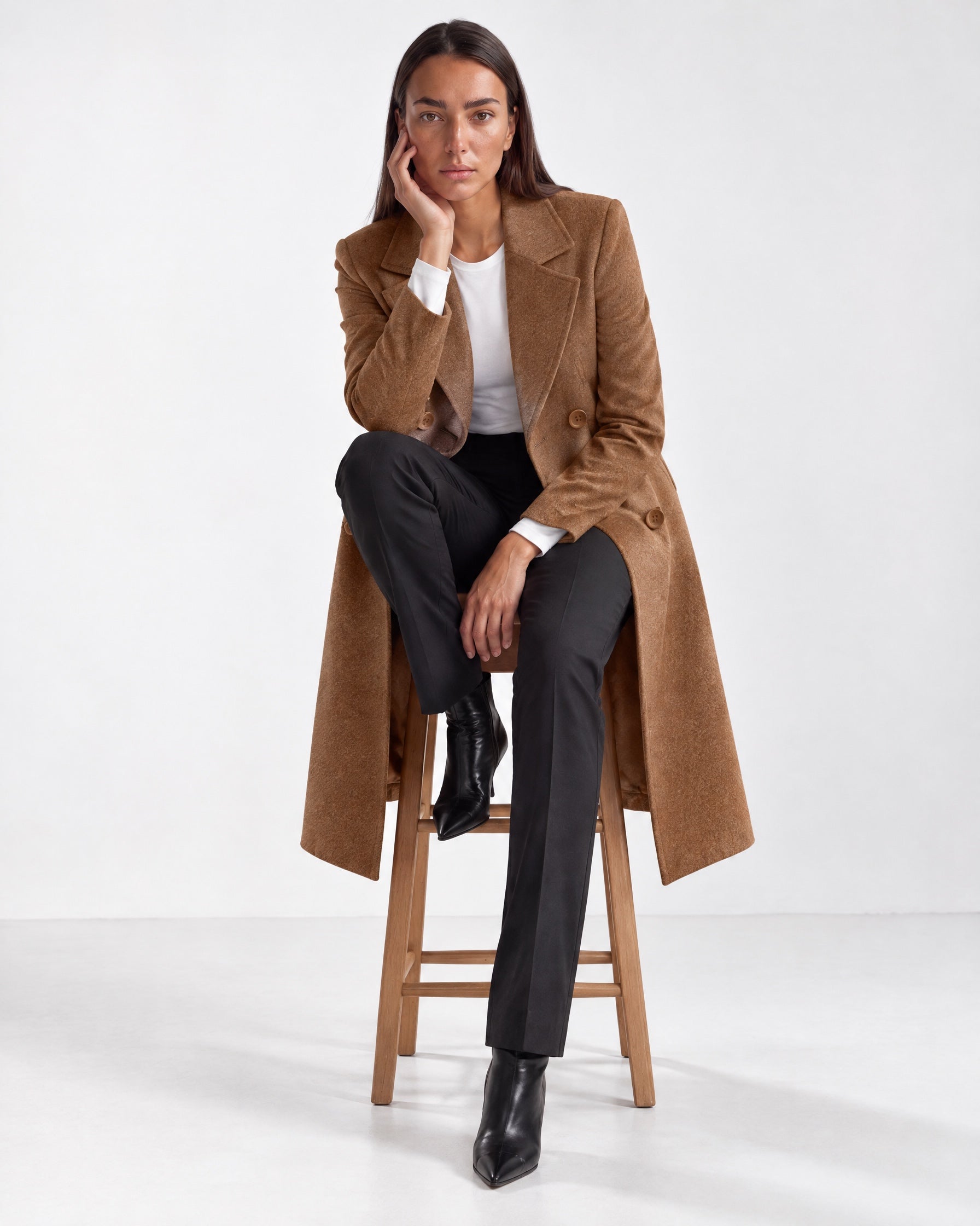 Brown Longline Coat Tailored Double Breasted Coat with Notch Lapel and Belted Waist