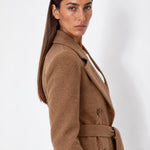 Brown Longline Coat Tailored Double Breasted Coat with Notch Lapel and Belted Waist