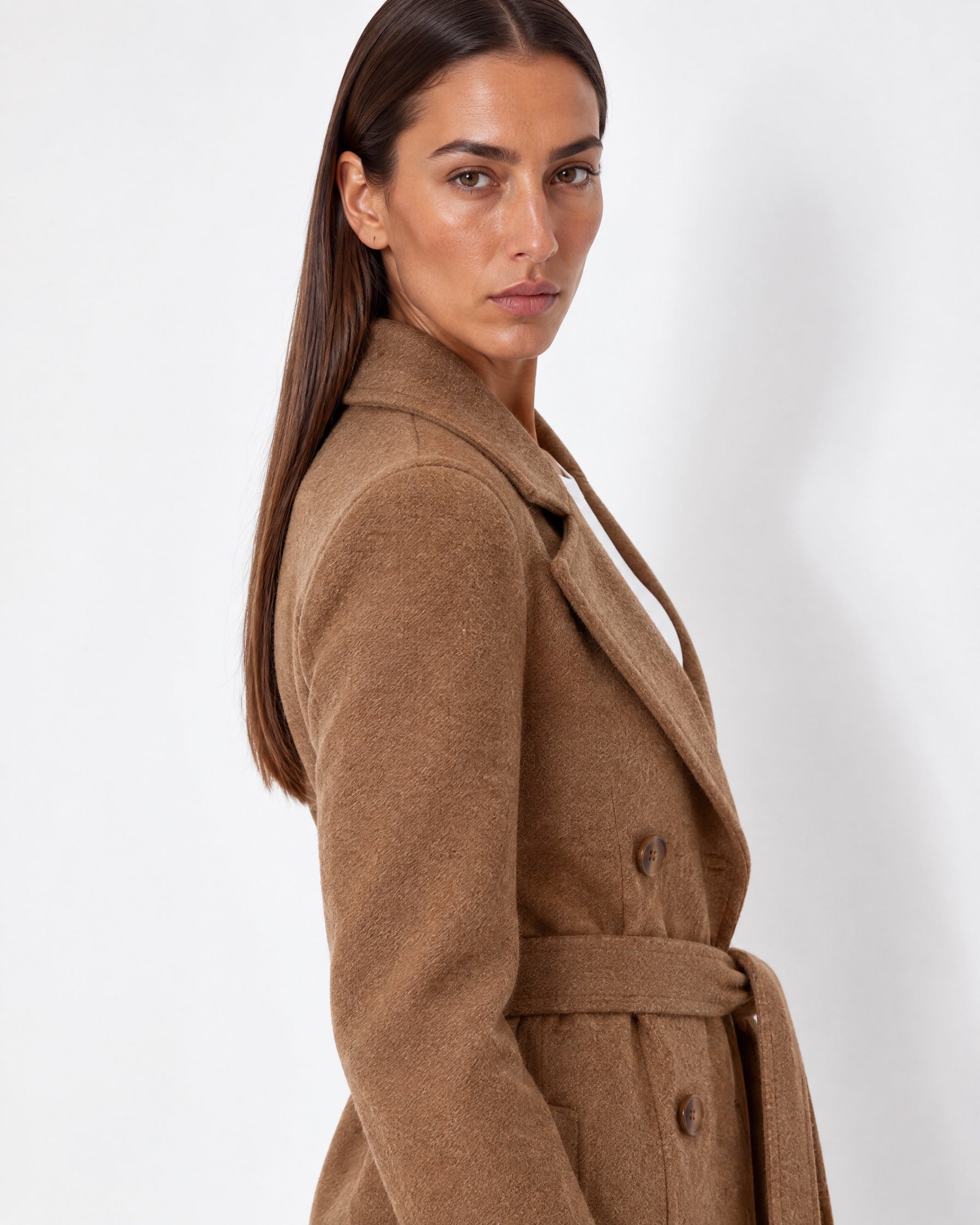 Brown Longline Coat Tailored Double Breasted Coat with Notch Lapel and Belted Waist