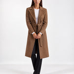 Brown Longline Coat Tailored Double Breasted Coat with Notch Lapel and Belted Waist