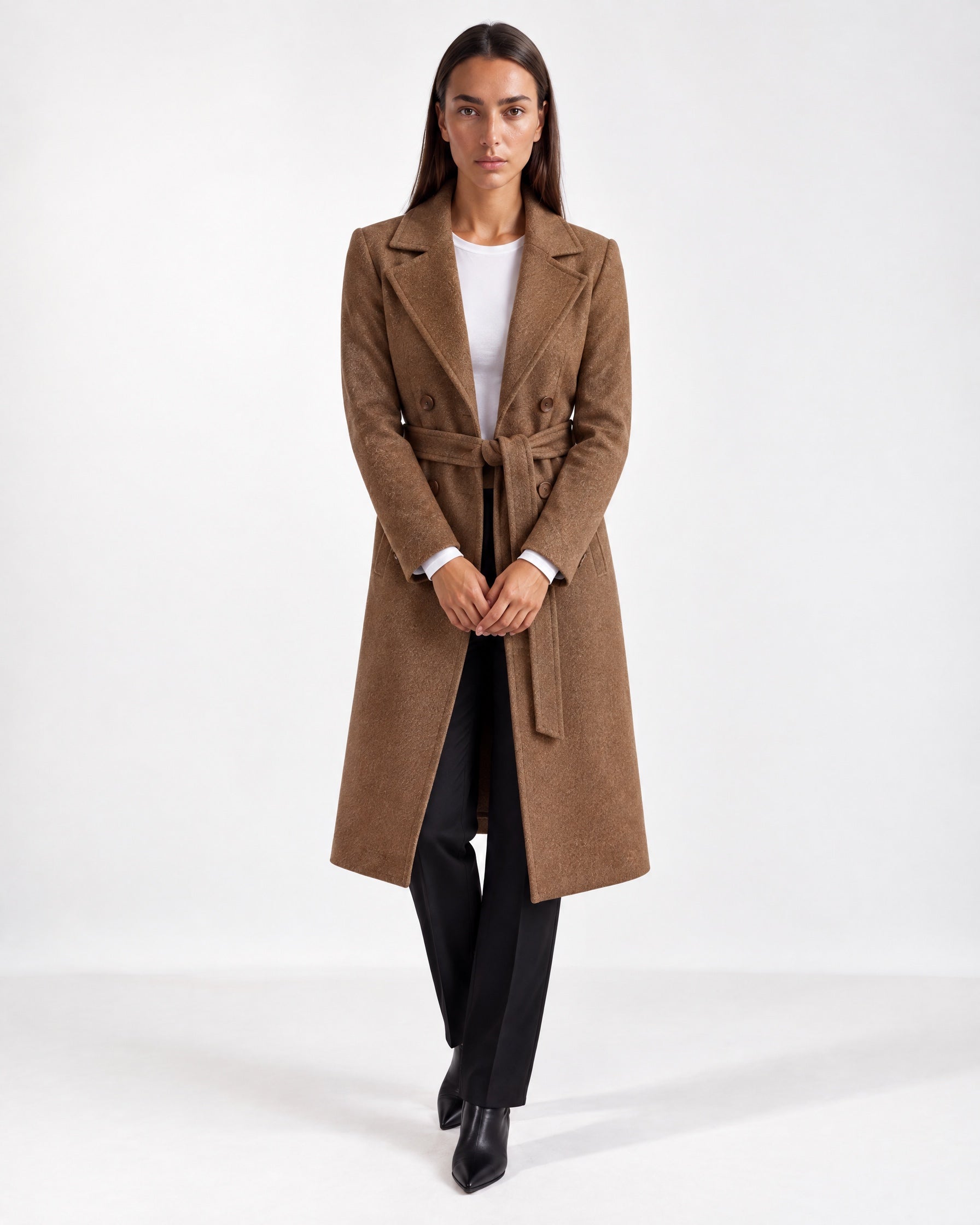 Brown Longline Coat Tailored Double Breasted Coat with Notch Lapel and Belted Waist
