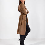 Brown Longline Coat Tailored Double Breasted Coat with Notch Lapel and Belted Waist