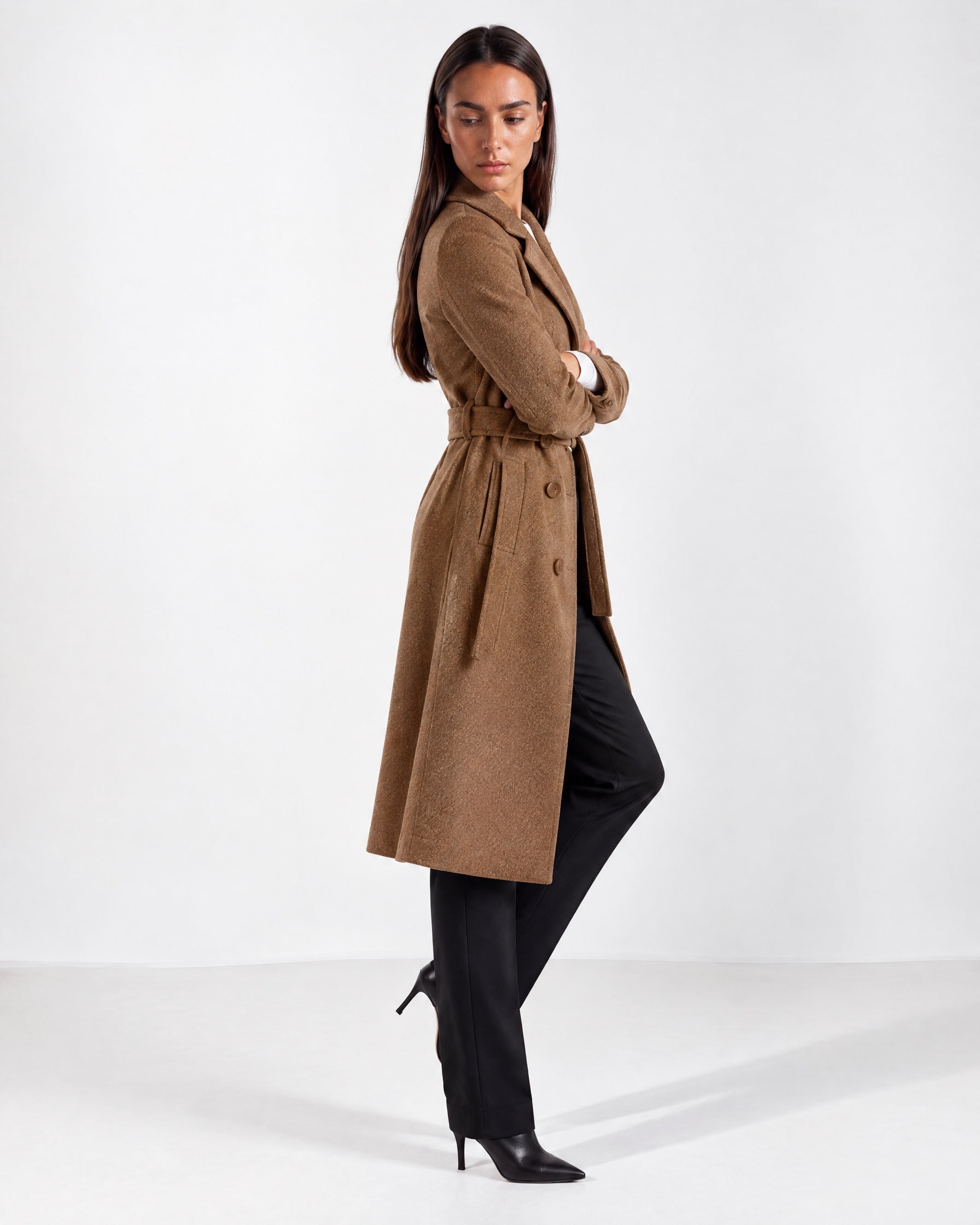 Brown Longline Coat Tailored Double Breasted Coat with Notch Lapel and Belted Waist