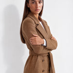 Brown Longline Coat Tailored Double Breasted Coat with Notch Lapel and Belted Waist