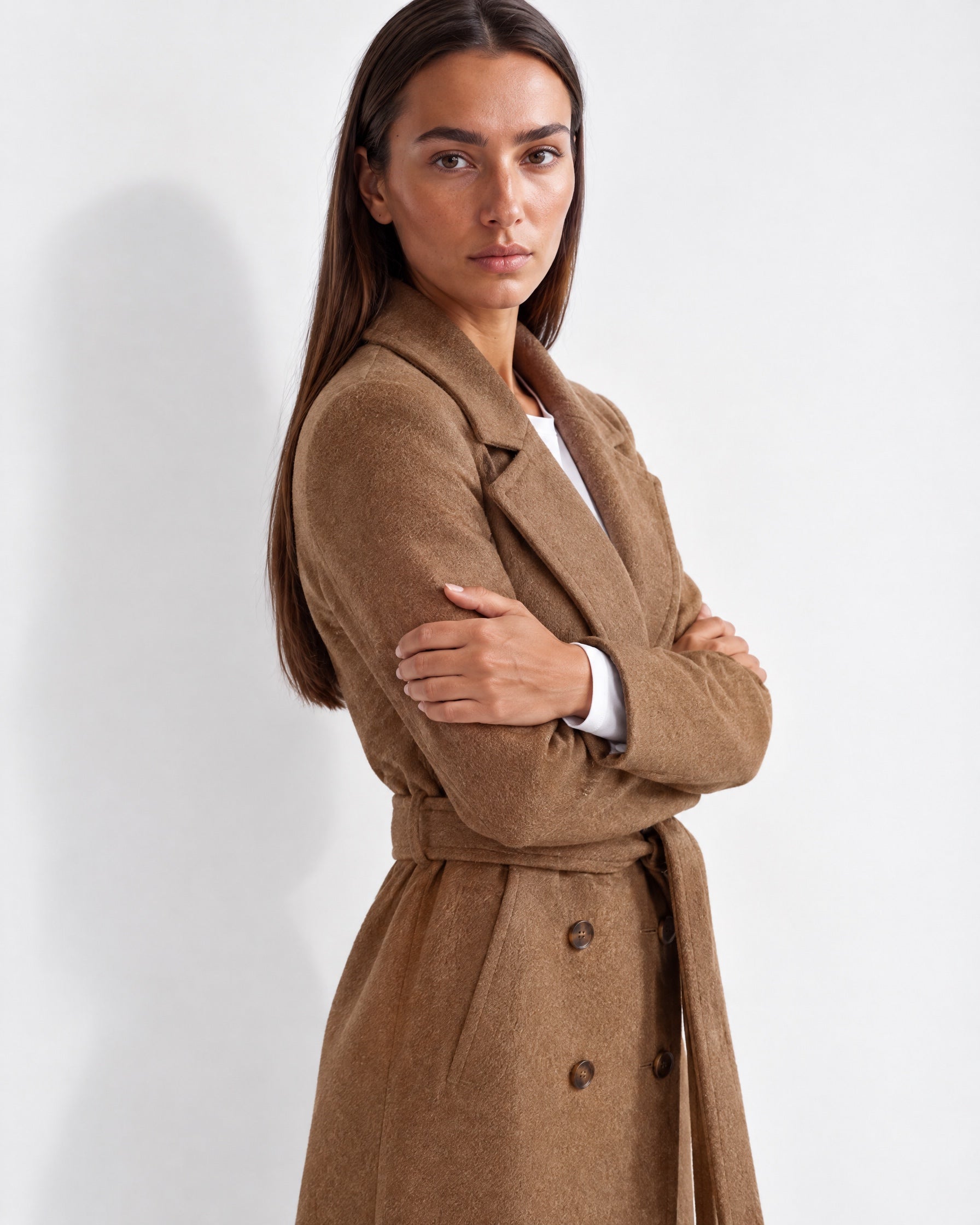 Brown Longline Coat Tailored Double Breasted Coat with Notch Lapel and Belted Waist