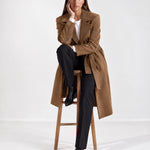 Brown Longline Coat Tailored Double Breasted Coat with Notch Lapel and Belted Waist